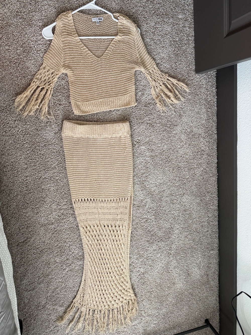 Fashion Nova Beige Crochet Fringe Swim Coverup Set